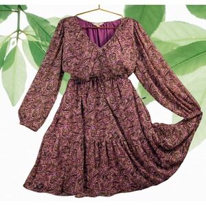 Terra Sky Sz 0X Empire Waist Burgundy Paisley Tiered Georgette Dress Women